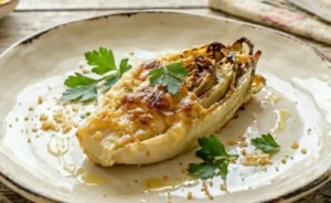 Primo piano di un cespo di indivia belga gratinata servita in un piatto vintage con prezzemolo fresco, olio extravergine d'oliva e crosticina di parmigiano.