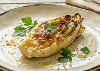 Primo piano di un cespo di indivia belga gratinata servita in un piatto vintage con prezzemolo fresco, olio extravergine d'oliva e crosticina di parmigiano.