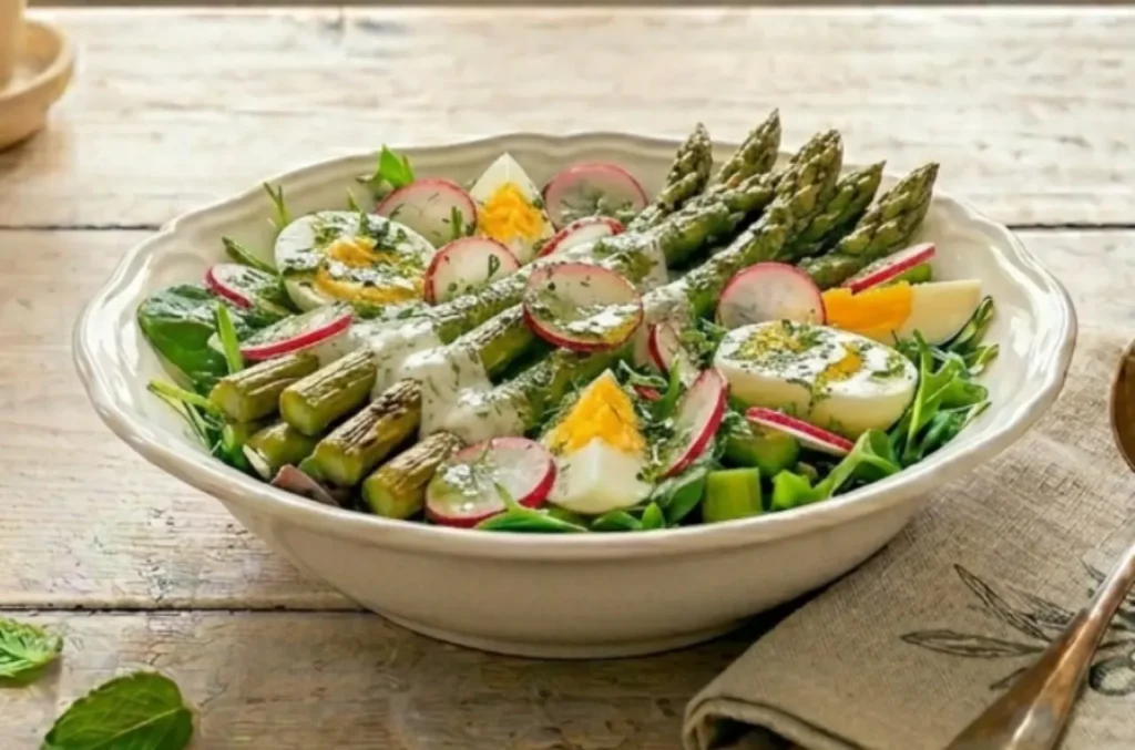 Insalata ricca sgonfiante con uova sode, asparagi sbollentati, rapanelli a fette e dressing allo yogurt in una ciotola bianca, stile shabby chic.