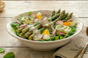 insalata-riciclo-uova-sode-asparagi-rapanelli Insalata ricca sgonfiante con uova sode, asparagi sbollentati, rapanelli a fette e dressing allo yogurt in una ciotola bianca, stile shabby chic.