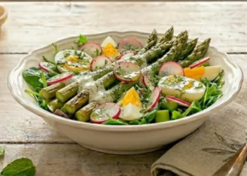 Insalata ricca sgonfiante con uova sode, asparagi sbollentati, rapanelli a fette e dressing allo yogurt in una ciotola bianca, stile shabby chic.