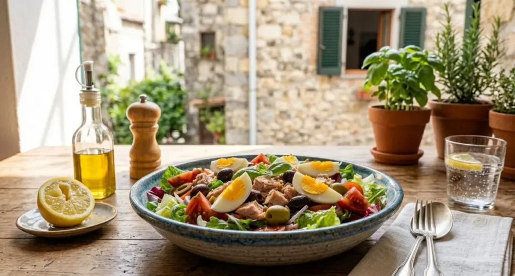Primo piano di un'insalata di tonno, uova sode a spicchi, olive e pomodori in un piatto di ceramica, servita su un tavolo di legno all'aperto con limone e olio d'oliva.