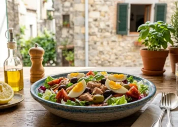 Primo piano di un'insalata di tonno, uova sode a spicchi, olive e pomodori in un piatto di ceramica, servita su un tavolo di legno all'aperto con limone e olio d'oliva.