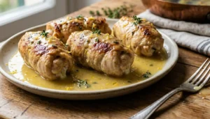 Quattro involtini di pollo dorati in padella serviti con una vellutata salsa al limone lucida e scorza di agrume grattugiata, guarniti con foglioline di timo fresco su un piatto rustico.