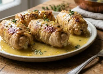 Quattro involtini di pollo dorati in padella serviti con una vellutata salsa al limone lucida e scorza di agrume grattugiata, guarniti con foglioline di timo fresco su un piatto rustico.