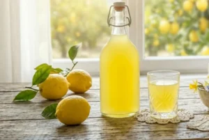 Una bottiglia di vetro e un bicchierino di limoncello giallo brillante su un tavolo shabby chic con fiori primaverili, limoni freschi e una finestra soleggiata sullo sfondo.