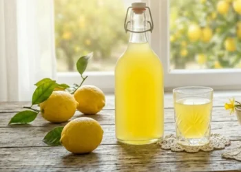 Una bottiglia di vetro e un bicchierino di limoncello giallo brillante su un tavolo shabby chic con fiori primaverili, limoni freschi e una finestra soleggiata sullo sfondo.