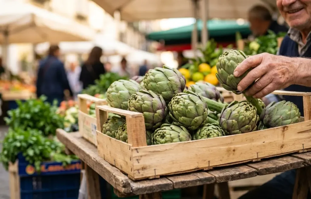 Una cassetta di legno colma di carciofi verdi sferici e turgidi su un banco del mercato all'aperto a Napoli, con sfondo sfocato e soleggiato.