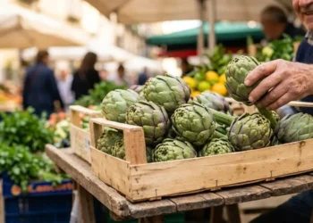 Una cassetta di legno colma di carciofi verdi sferici e turgidi su un banco del mercato all'aperto a Napoli, con sfondo sfocato e soleggiato.
