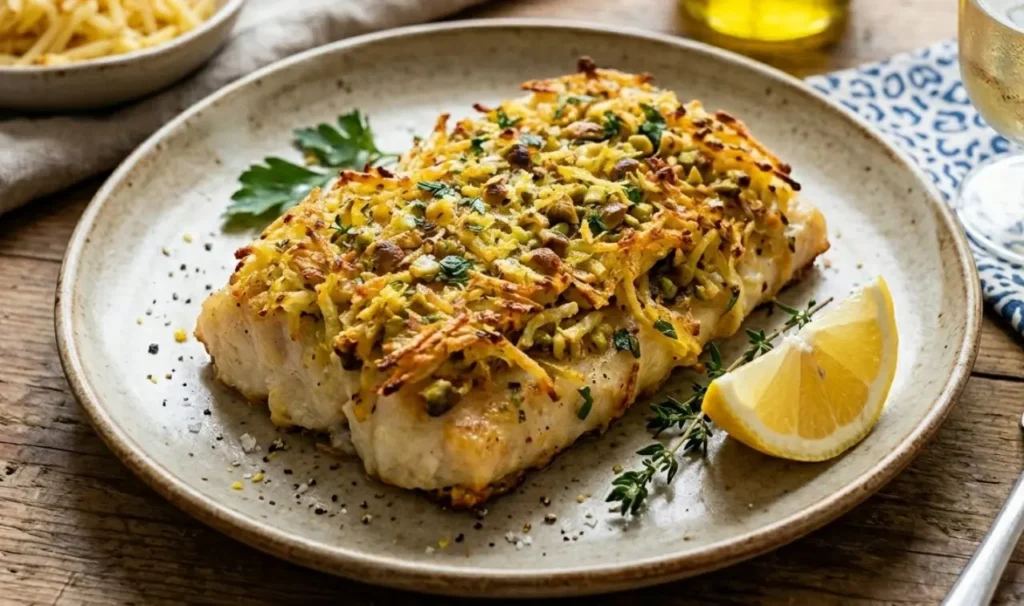 Filetto di merluzzo al forno ricoperto da una crosta dorata di patate grattugiate julienne e granella di pistacchi, servito con una fetta di limone su un piatto rustico.