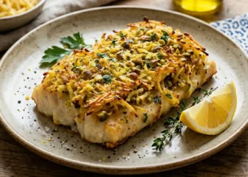 Filetto di merluzzo al forno ricoperto da una crosta dorata di patate grattugiate julienne e granella di pistacchi, servito con una fetta di limone su un piatto rustico.