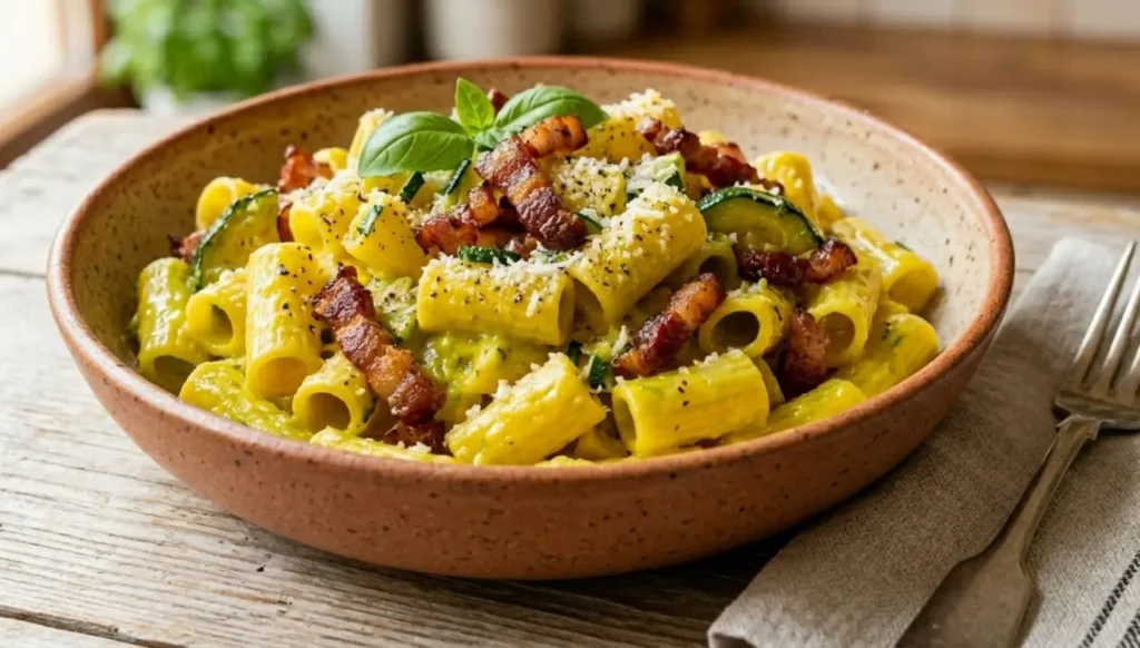 Un primo piano vellutato di mezze maniche mantecate con crema di zucchine e zafferano, guarnite con abbondante guanciale croccante dorato, Pecorino Romano e pepe nero macinato fresco, servite in una ciotola di ceramica rustica su un tavolo di legno.
