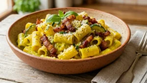 Un primo piano vellutato di mezze maniche mantecate con crema di zucchine e zafferano, guarnite con abbondante guanciale croccante dorato, Pecorino Romano e pepe nero macinato fresco, servite in una ciotola di ceramica rustica su un tavolo di legno.