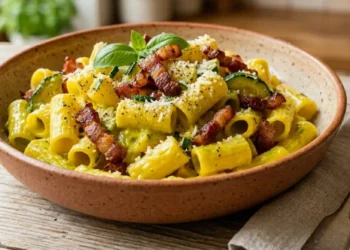 Un primo piano vellutato di mezze maniche mantecate con crema di zucchine e zafferano, guarnite con abbondante guanciale croccante dorato, Pecorino Romano e pepe nero macinato fresco, servite in una ciotola di ceramica rustica su un tavolo di legno.