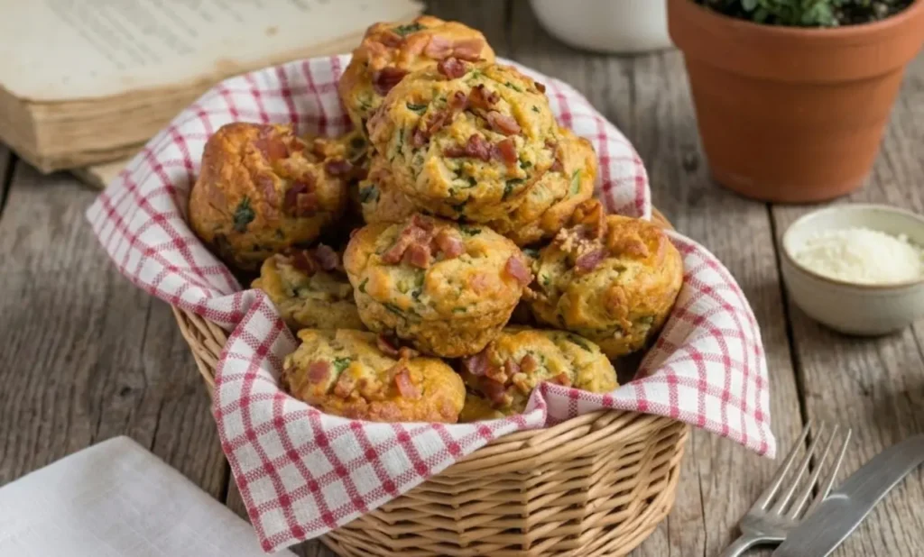 Cestino di vimini con muffin salati rustici alle zucchine e prosciutto a cubetti, avvolti in uno strofinaccio a quadretti rossi su un tavolo di legno antico.