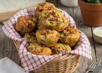 Cestino di vimini con muffin salati rustici alle zucchine e prosciutto a cubetti, avvolti in uno strofinaccio a quadretti rossi su un tavolo di legno antico.