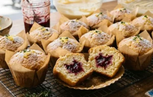Vassoio di muffin allo yogurt appena sfornati, uno tagliato a metà mostra il cuore di marmellata ai frutti rossi perfettamente al centro, con scorza di limone e zucchero a velo.
