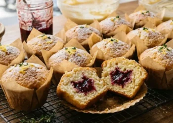 Vassoio di muffin allo yogurt appena sfornati, uno tagliato a metà mostra il cuore di marmellata ai frutti rossi perfettamente al centro, con scorza di limone e zucchero a velo.