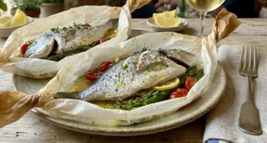 Due orate intere cucinate al cartoccio con asparagi, pomodorini e limone, servite aperte in carta forno su un tavolo rustico.