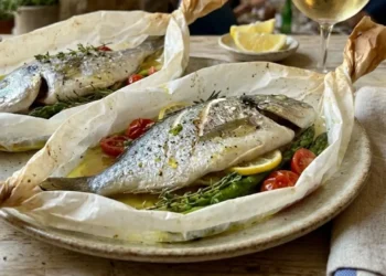 Due orate intere cucinate al cartoccio con asparagi, pomodorini e limone, servite aperte in carta forno su un tavolo rustico.