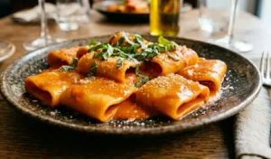 Primo piano di paccheri alla Vittorio con salsa cremosa e lucida di pomodoro, mantecati con burro e parmigiano, guarniti con basilico fresco.