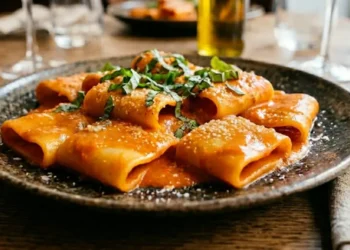 Primo piano di paccheri alla Vittorio con salsa cremosa e lucida di pomodoro, mantecati con burro e parmigiano, guarniti con basilico fresco.