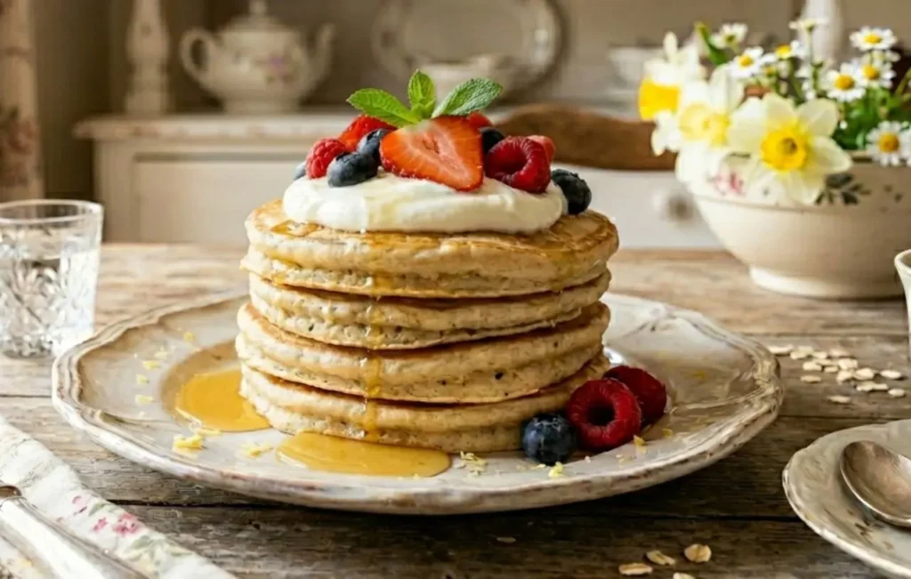 Torretta di tre pancake proteici altissimi e soffici decorati con yogurt greco, sciroppo d'acero e frutti di bosco su un tavolo rustico luminoso.