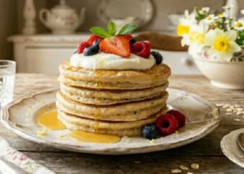 Torretta di tre pancake proteici altissimi e soffici decorati con yogurt greco, sciroppo d'acero e frutti di bosco su un tavolo rustico luminoso.