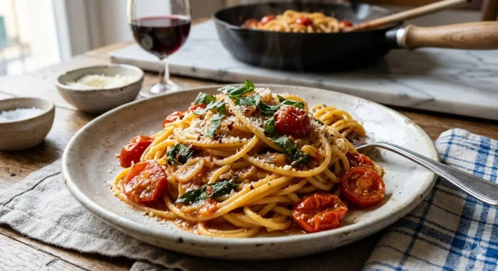 Primo piano di un piatto di spaghetti allo scarpariello con pomodorini, basilico fresco e una densa cremina di pecorino e parmigiano.