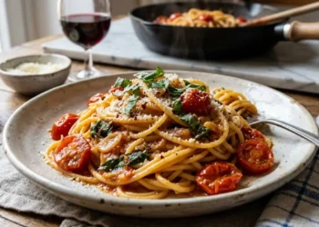 Primo piano di un piatto di spaghetti allo scarpariello con pomodorini, basilico fresco e una densa cremina di pecorino e parmigiano.