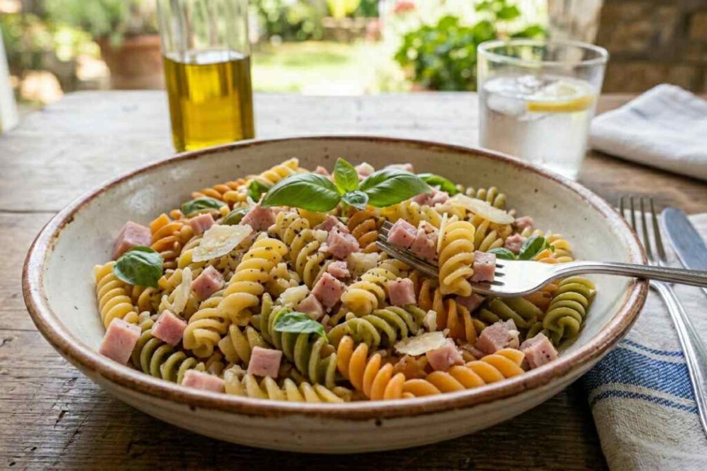 piatto di pasta fredda con prosciutto e parmigiano