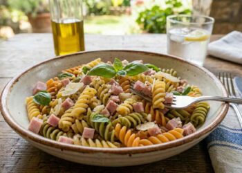 piatto di pasta fredda con prosciutto e parmigiano