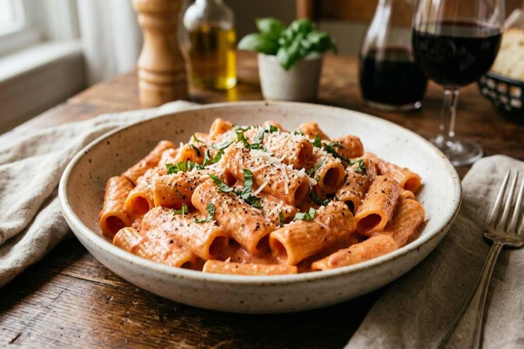 piatto di pasta cremosa con peperoni e mascarpone