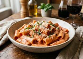 piatto di pasta cremosa con peperoni e mascarpone