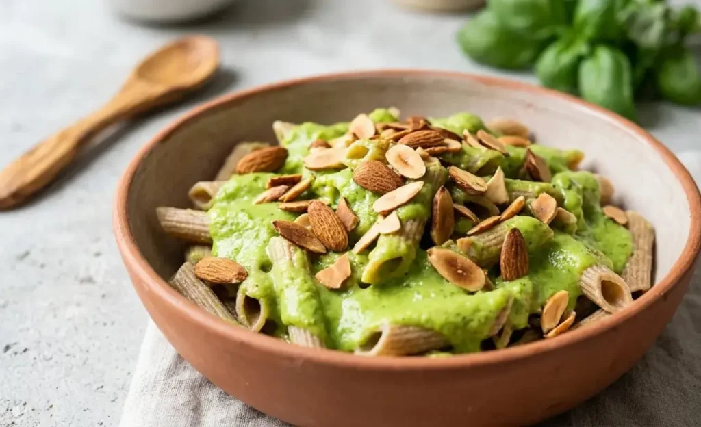 Penne integrali avvolte da una crema di zucchine verde brillante e guarnite con mandorle tostate croccanti