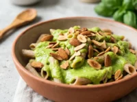 Penne integrali avvolte da una crema di zucchine verde brillante e guarnite con mandorle tostate croccanti
