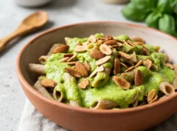 Penne integrali avvolte da una crema di zucchine verde brillante e guarnite con mandorle tostate croccanti
