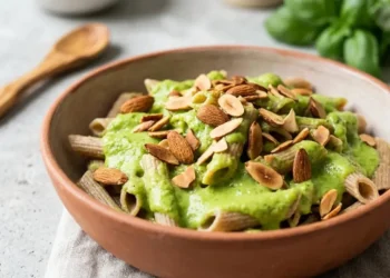 Penne integrali avvolte da una crema di zucchine verde brillante e guarnite con mandorle tostate croccanti