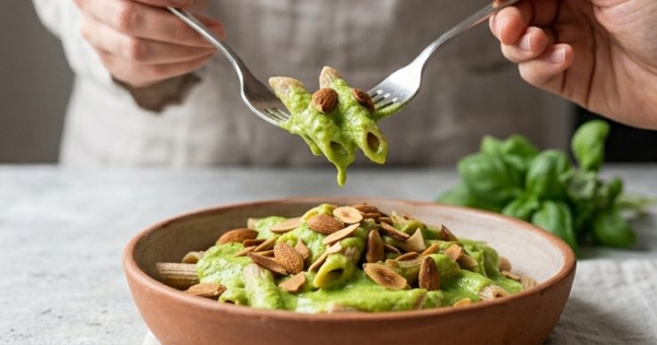Una forchetta solleva penne integrali cremose con zucchine e mandorle tostate sopra una ciotola di terracotta.