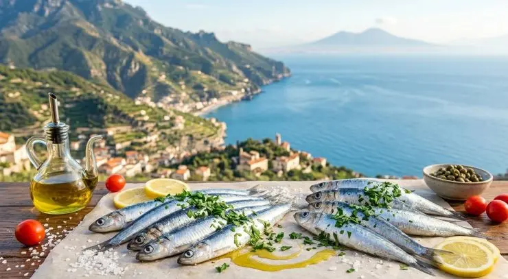 Sardine fresche condite con olio EVO e limone su sfondo mare, alimento ricco di Omega-3 per la longevità.