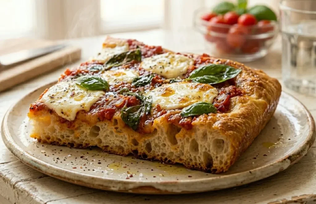 Primo piano di una fetta di pizza in teglia alta e soffice con grandi alveoli nell'impasto, condita con pomodoro, mozzarella filante e basilico fresco su un tavolo bianco in stile shabby chic.