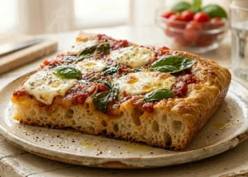 Primo piano di una fetta di pizza in teglia alta e soffice con grandi alveoli nell'impasto, condita con pomodoro, mozzarella filante e basilico fresco su un tavolo bianco in stile shabby chic.