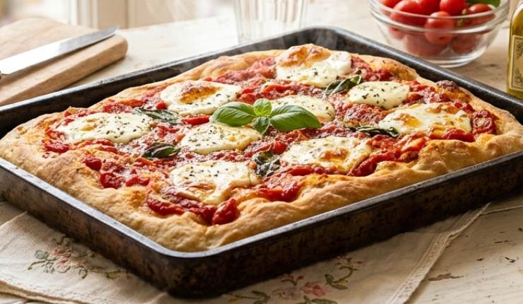 Se torna indietro, aspettate 10 minuti e riprendete: lasciate lievitare in teglia per altre 4/5 ore. Preriscaldate il forno a 250 gradi in modalità statica, condite la pizza con pomodoro ed infornate sulla base del forno per i primi 10 minuti. Poi spostate al centro, aggiungete la mozzarella ben asciutta a pezzetti e completate per altri 5/8 minuti. A questo punto estraete la pizza e godetevi il vostro risultato perfetto: base dorata e consistenza morbida, è pazzesca!&nbsp;&nbsp;