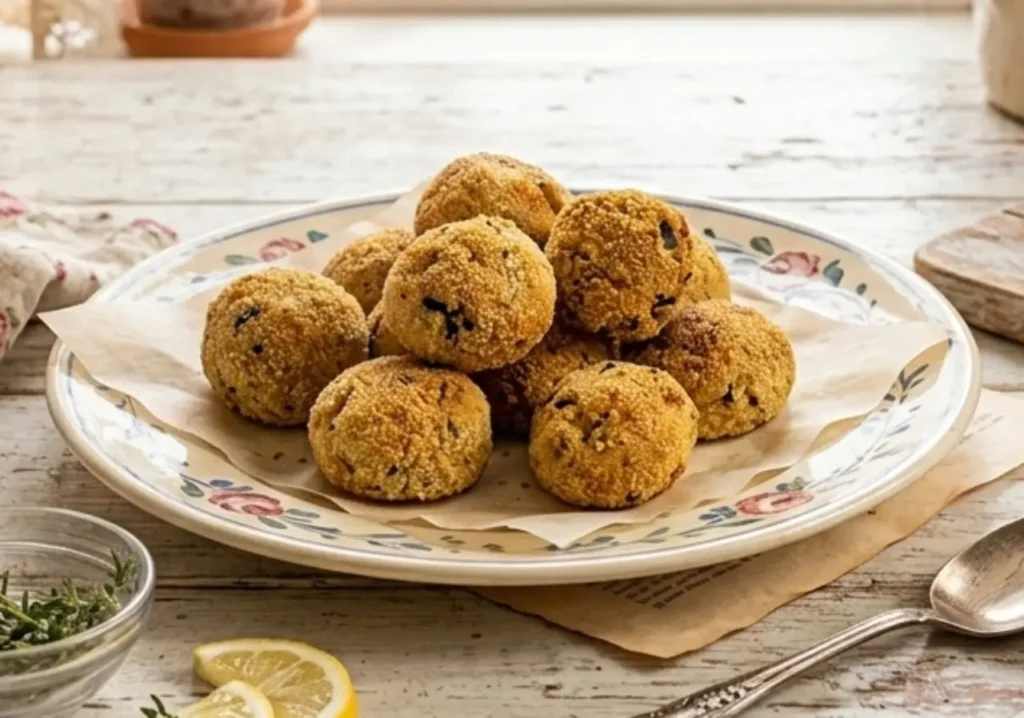 polpette-zucchine-ricotta-al-forno Un piatto di ceramica decorato con polpette di zucchine e ricotta dorate, impanate nel pangrattato, su un tavolo di legno rustico in una cucina luminosa stile shabby chic.