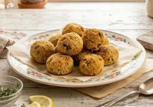 polpette-zucchine-ricotta-al-forno Un piatto di ceramica decorato con polpette di zucchine e ricotta dorate, impanate nel pangrattato, su un tavolo di legno rustico in una cucina luminosa stile shabby chic.