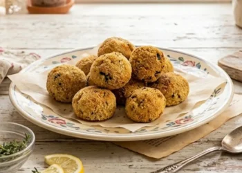 Un piatto di ceramica decorato con polpette di zucchine e ricotta dorate, impanate nel pangrattato, su un tavolo di legno rustico in una cucina luminosa stile shabby chic.