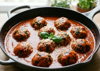Polpettine lisce e compatte di ricotta e spinaci nappate in un sugo di pomodoro vellutato e lucido, guarnite con parmigiano fuso e basilico.