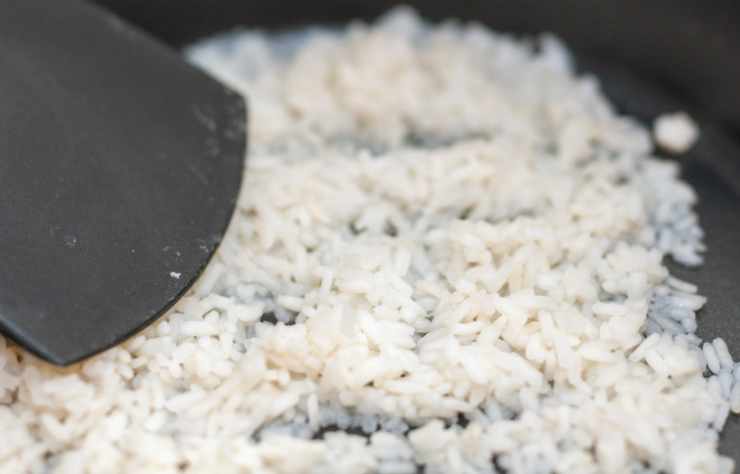 Versiamo un filo abbondante di olio d’oliva in una padella ampia e dai bordi alti e facciamo scaldare insieme alla cipolla tritata. Aggiungiamo il riso e lasciamo tostare;