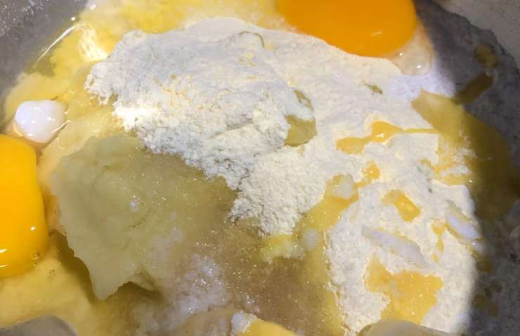 Lavoriamo il burro lasciato ammorbidire con lo zucchero fino a ottenere una crema omogenea. Uniamo le uova e inglobiamole al composto, poi passiamo a setacciare le farine e la vanillina, infine il lievito;