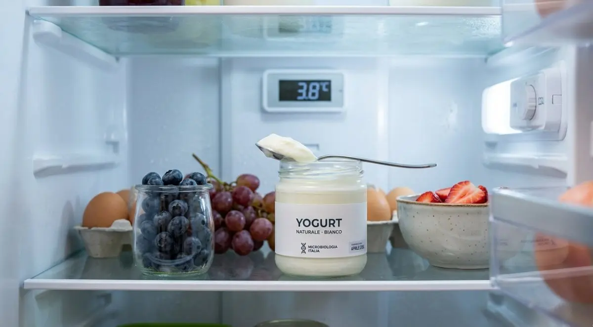 Vasetto di yogurt naturale aperto in un frigorifero organizzato a 3.8°C con cucchiaio e mirtilli freschi.